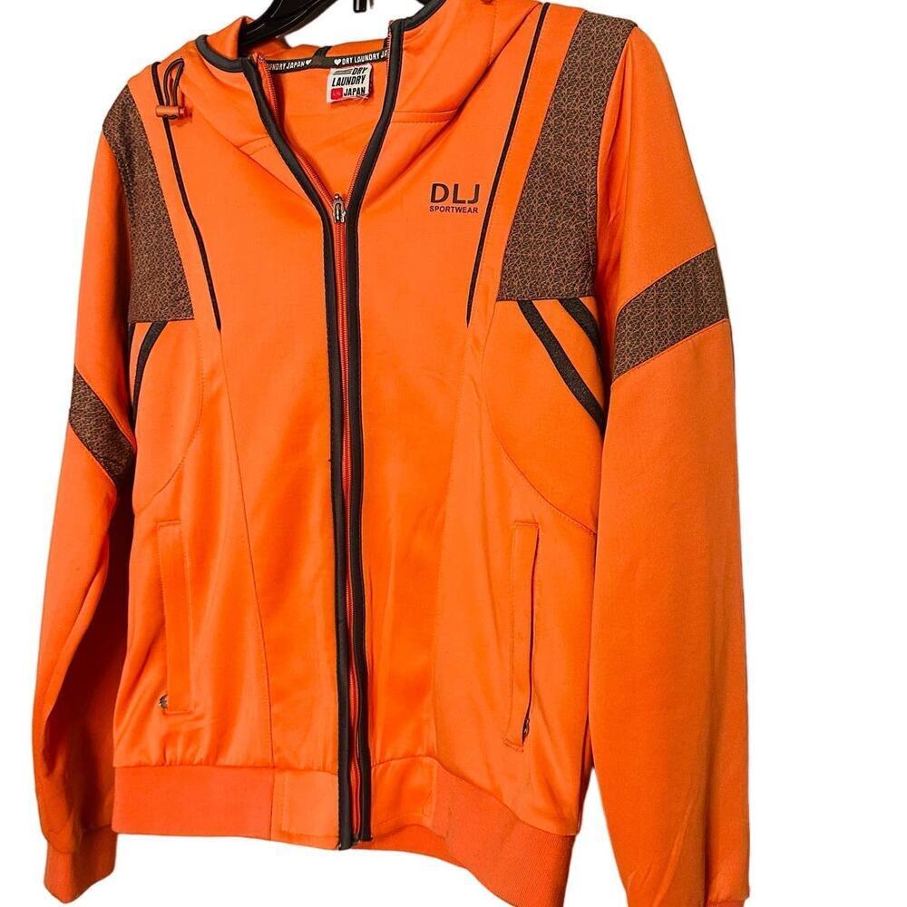DLJ Sportswear Fluorescent Orange Zip Up Hooded Two Pocket Track Jacket Size L